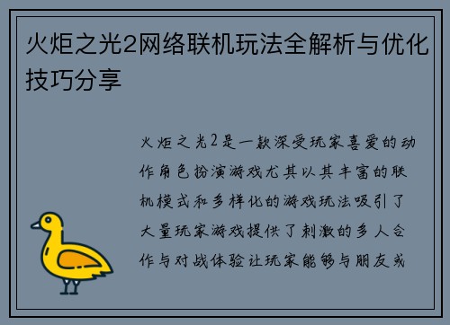 火炬之光2网络联机玩法全解析与优化技巧分享