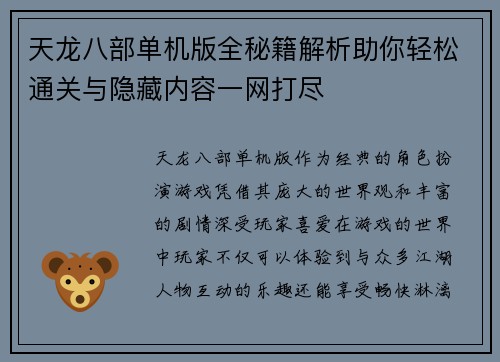 天龙八部单机版全秘籍解析助你轻松通关与隐藏内容一网打尽