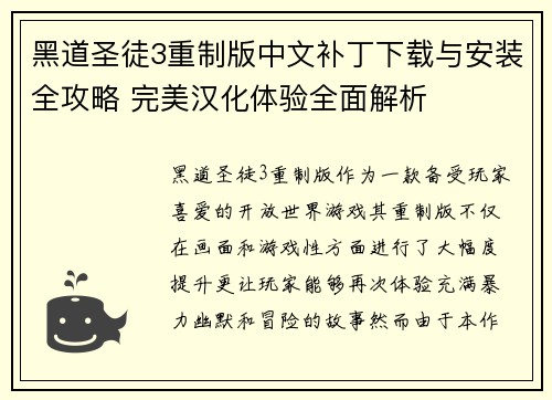 黑道圣徒3重制版中文补丁下载与安装全攻略 完美汉化体验全面解析